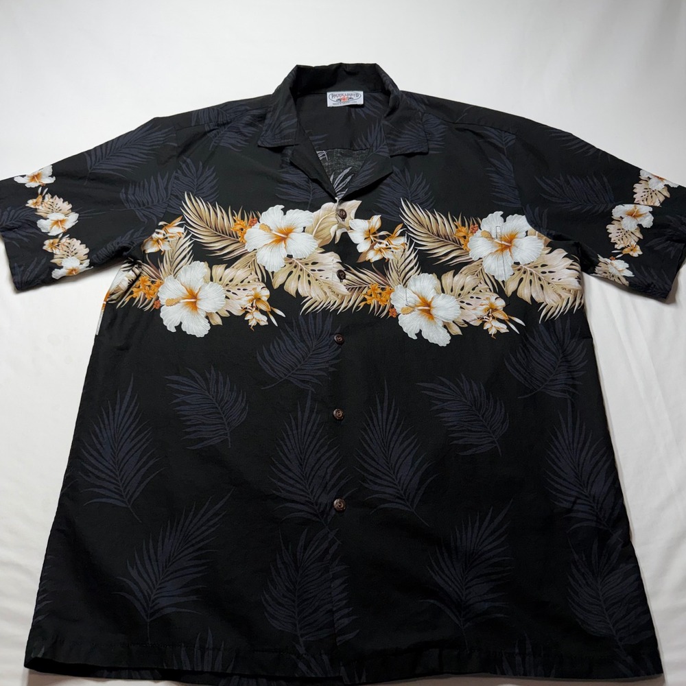 Pacific Legend Mens Hawaiian Shirt L Black Floral Hibiscus Cotton Made in Hawaii